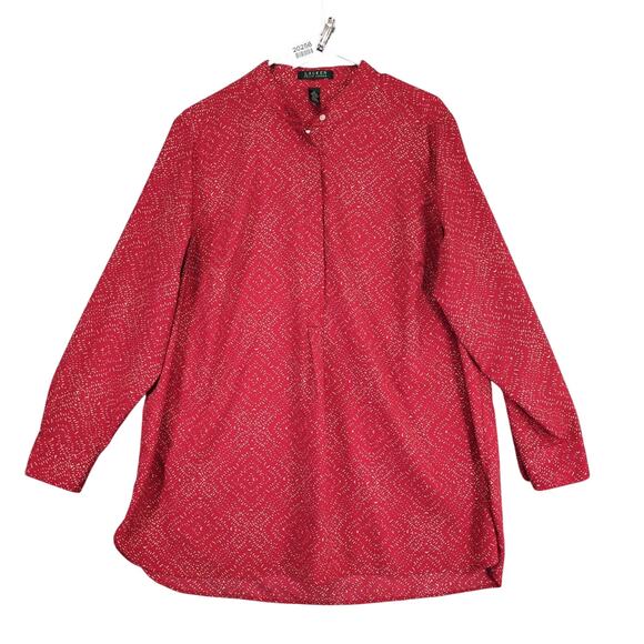 LRL Ralph Lauren Women's Plus 1X Red Geometric Design Long Sleeve Blouse Relaxed - Picture 1 of 6